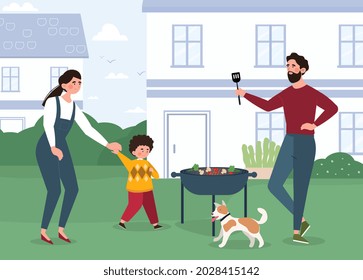 Barbeque Party concept. Happy family with child and dog roasts meat and vegetables in backyard. Mom, Dad and Son. Outdoor picnic. Cartoon flat vector illustration with large house and clearing