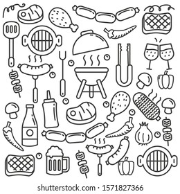 Barbeque party element doodle vector with black hand drawn line design. Barbeque party background.