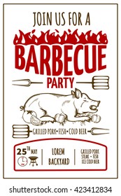 Barbeque party invitation card with grilled pork.