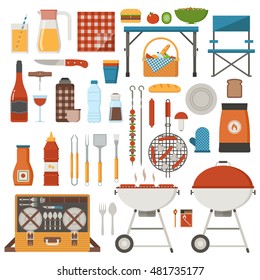 Barbeque and picnic elements set. Family weekend collection with barbecue grill, bbq utensils, grill food and grilling tools. Vegetarian barbecue set with soy sausages, mushrooms and vegetables.