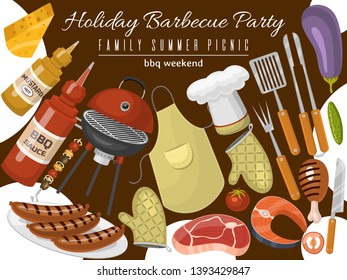 Barbeque picnic party poster meat steak roasted on round hot barbecue grill vector illustration. Bbq in park, banner design template. Grilled food menu. Homemade recipe card cookbook cover.