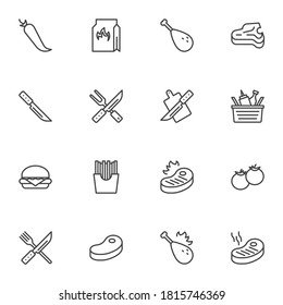 Barbeque related line icons set, BBQ outline vector symbol collection, linear style pictogram pack. Signs, logo illustration. Set includes icons as hot dog, knife and fork, beer mug, sausage, mustard