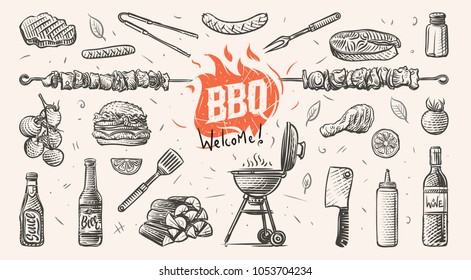 Barbeque related things hand drawn illustration. Vector.