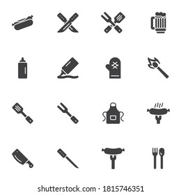 Barbeque related vector icons set, BBQ modern solid symbol collection, filled style pictogram pack. Signs, logo illustration. Set includes icons as hot dog, knife and fork, beer mug, sausage, mustard