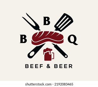 Barbeque restaurant logo template combined with steak beef, spatula and beer