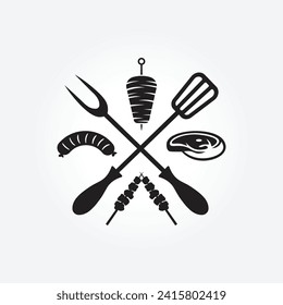 Plantilla del logotipo del restaurante barbacoa combinada con espátula de carne de res, salchichas, kebab y satay