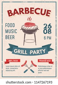 Barbeque retro poster with grunge effect. BBQ party invitation design. Vector illustration