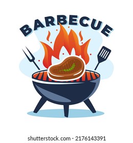 Diseño del logotipo de parrilla asada en barbacoa, ilustración de carne de res asada