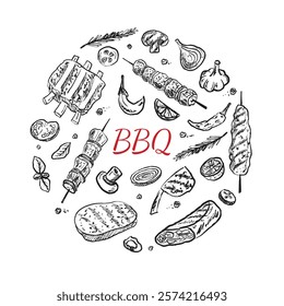 Barbeque round shape logo design. Street food in brush stroke texture isolated on white. Hand drawn vector sketch illustration in vintage charcoal ink style. Shawarma, doner kebab, pita, meat skewer