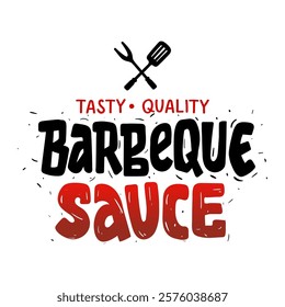 Barbeque Sauce. Bold text with grill icon fork and spatula. Logo, label, sticker. Vector file.