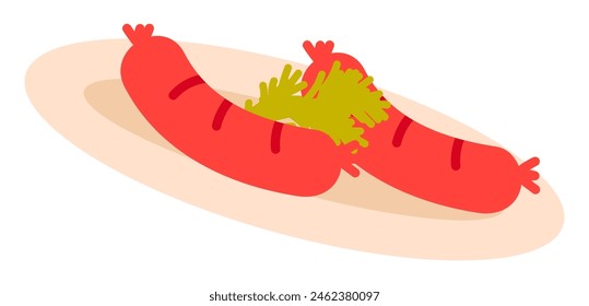 Barbeque sausages dish in flat design. Plate with grilled meat and greens. Vector illustration isolated.