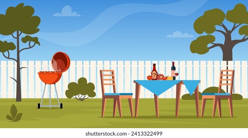 Escena de barbacoa en el patio trasero. Mesa, sillas, comida. Carnes a la parrilla y verduras en el exterior. Picnic en el patio trasero un fin de semana. Ilustración del vector