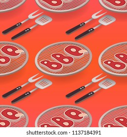 Barbeque seamless pattern. Letters BBQ on the grill and barbeque elements. Vector isometric illustration.