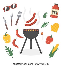 Barbeque set. Collection of equipment for cooking bbq. Sausages and vegetables. Isolated flat vector illustration on white background.