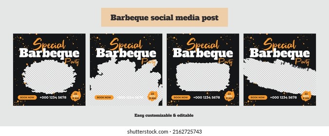 Barbeque social media post template bundle. Delicious grill bbq food social media web banner set 