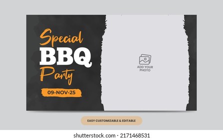 Barbeque social media thumbnail template. Delicious grill bbq food video web banner 