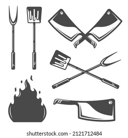 Barbeque Spatula Fork Knif Fuego aislado en fondo blanco. Concepto de barbacoa. Juego de iconos de la parrilla de barbacoa. Ilustraciones vectoriales