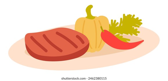 Barbeque steak dish in flat design. Picnic plate with grilled meat and peppers. Vector illustration isolated.