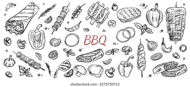 Barbeque street food collection in brush stroke texture isolated on white background. Hand drawn vector sketch illustration in vintage charcoal ink style. Shawarma, doner kebab, pita, meat on skewer