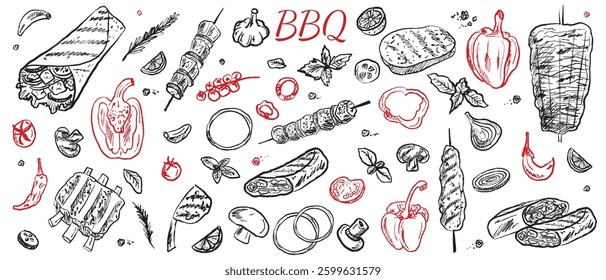 Barbeque street food collection in brush stroke texture isolated on white background. Hand drawn vector sketch illustration in vintage charcoal ink style. Shawarma, doner kebab, pita, meat on skewer