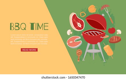 Barbeque time banner with grill, bbq and grilled food steak, chicken, vegetables vector illustration. Barbeque time summer party banner for restaurant or bbq steak house.