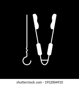Barbeque utensils dark mode glyph icon. Tools for grill cooking. Food cookery appliance. Equipment for barbeque. White silhouette symbol on black space. Vector isolated illustration