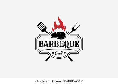 Logo de diseño de estilo vintage de Barbeque con carne de filete y fuego de parrilla