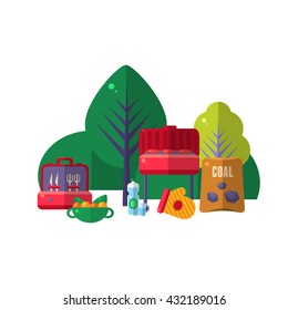 Barbequed En El Juego De Artículos De Parque. Ilustración de vectores planos picnic al aire libre. Picnic De Fin De Semana En Naturaleza Luminoso Conjunto De Objetos De Color.