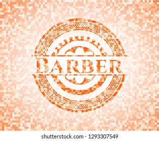 Barber abstract emblem, orange mosaic background