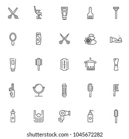Barber accessories outline icons set. linear style symbols collection, line signs pack. vector graphics. Set includes icons as scissors, barber shop chair, cream, hairbrush, razor, hand mirror, towel