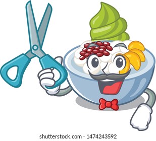 Barber anmitsu is served in cartoon bowl