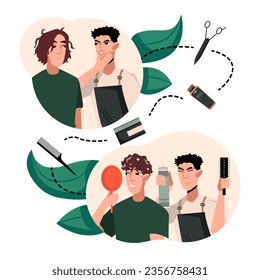 Barber in apron looking at client with long haircut and thinking how to cut hair. Smiling male holding mirror and looking at new haircut. Man visit barbershop. Flat vector illustration