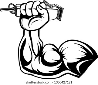 Barber Arm Raised Up With Hand Holding Hairstylist Electric Clipper Beard. Trimmer For Cutting Hair. Haircuts.