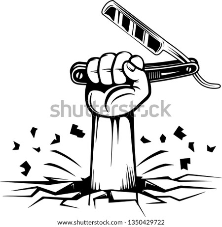 Barber Arm Raised Up With Hand Holding Sharp Straight Razor Mustache Beard Trimmer For Cutting Facial Hair And Edging Hairline