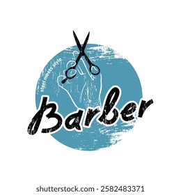 Barber Art: Grunge Style with a Vintage Touch. Hand holds professional scissors for haircuts.