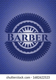 Barber badge with denim background. Vector Illustration. Detailed.
