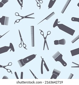 Barber, barbershop, hairdressing tools, equipment, accessories vector icon set. Seamless pattern. SVG.Scissors, having brush, razor, hair dryer, comb, straight razor, hair clipper.Vector illustration.