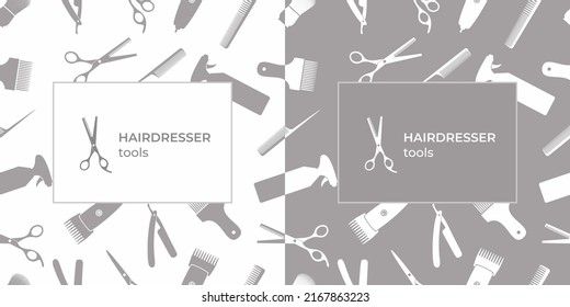 Barber, barbershop, hairdressing tools, equipment, accessories vector.Banner. Logo. Seamless pattern. Scissors, having brush, razor, hair dryer, comb, straight razor, hair clipper.Vector illustration.