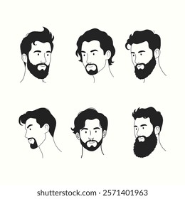 Barber beard and hairstyle icons offering black and white retro sketches of handsome men with curly hair stylish mustaches and classic hipster looks in vector format