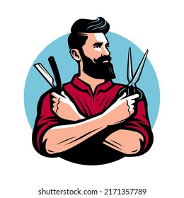 Hombre barbero barbudo con herramientas de barbería tijeras y cuchilla de afeitar. Elemento de diseño para el logotipo de peluquería, etiqueta, placa