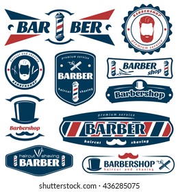 Barber blue red labels with razor comb scissors hat male face mustache pole isolated vector illustration