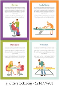 Barber and body wrap pedicurist with client, caring for nails. Posters set with text sample and massage, male masseur rubbing back of patient vector