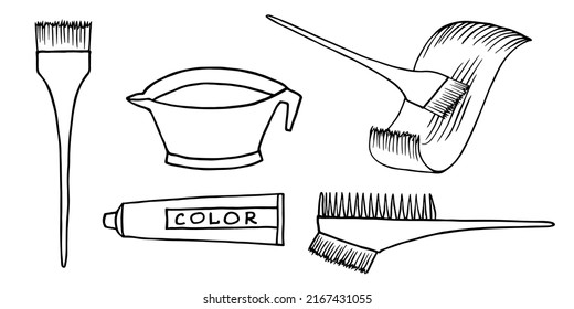 Barber brush, bowl for hair bleaching and dyeing and hair-dye tube. Outline sketch in doodle style. Vector icon set of professional hairdresser tool for hairdressing salon or barbershop concept.