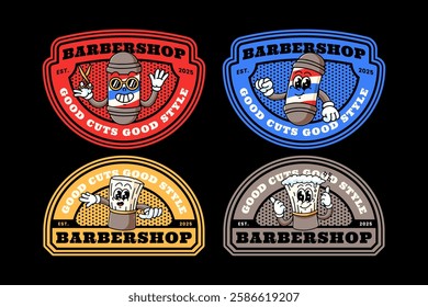 barber brush with foam and lamp pole cartoon logo design collection for barbershop. barber pole lamp and shaving brush emblem logo set. barbershop kit cartoon badge logo illustration bundle