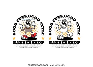 barber brush with shaving cream retro cartoon character mascot illustration collection set with dancing pose and showing thumb hands for hair cut and shave barbershop mascots and merchandise