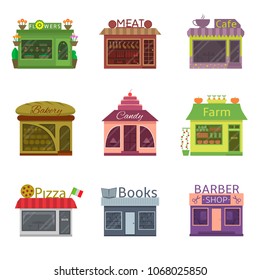 Barber, Candy, Books, Cafe, Meat, Bakery, Pizzeria, Farm, Flowers shops. Vector illustration