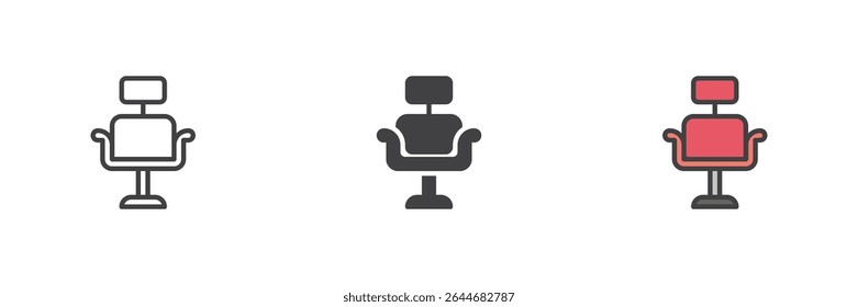 Barber chair with headrest and armrest icon in line, solid, and colorful filled outline styles. Comfortable vintage seat icon and grooming station symbol vector.
