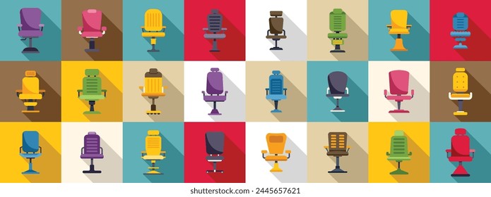 Barber chair icons set flat vector. Salon interior seat. Furniture barbershop