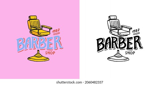 Barber chair. Shop badge and label, logo and hipster emblems. Haircut of beard and mustache. Tools for man icon. Engraved hand drawn in old vintage sketch.