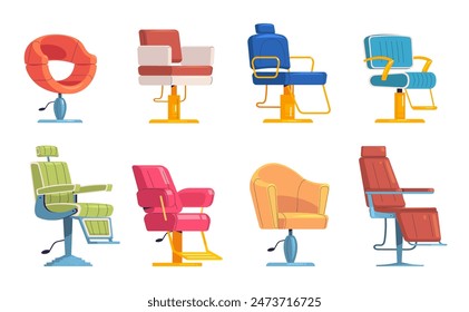 Barber chairs. Barbershop salon isolated chair or massage armchairs for hairdresser modern interior, hairdressing barbering shop studio cartoon icons classy vector illustration of chair barbershop